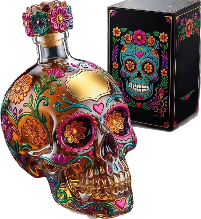 350ml Sugar Skull Liquor Bottle, Hand Painted Day of The Dead Skull Glass Decanter with Cork Stopper, High Borosilicate Glass Whiskey Tequila Dispenser, Home Bar Decor & Novelty Gift - skull painting