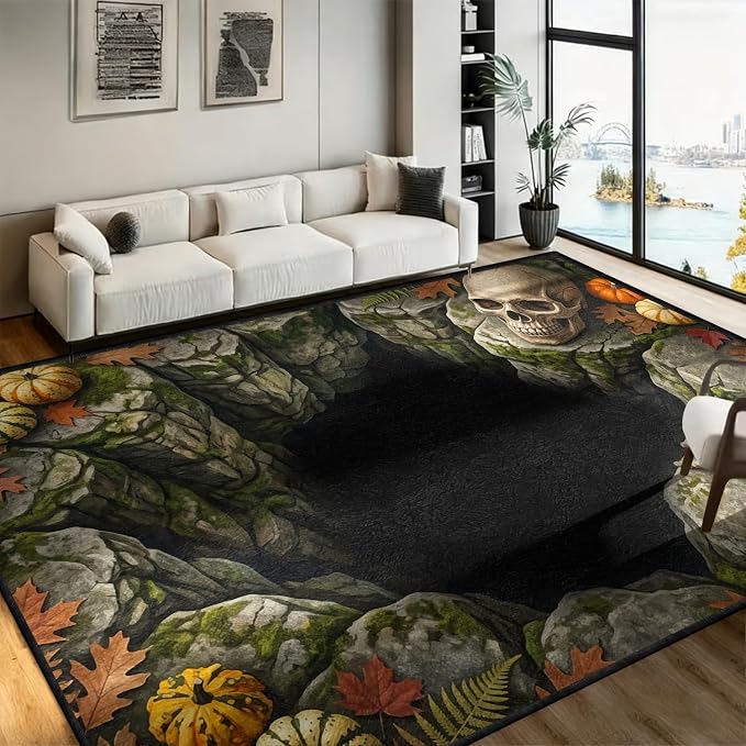 3D Skull and Pit Illusion Area Rug, 4'x6' Spooky Skeleton Hand Rock Carpet - skull carpet