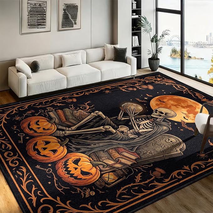 Gothic Skeleton Crystal Ball Area Rug, 3'x5' Spooky Halloween Skull Carpet - skull carpet