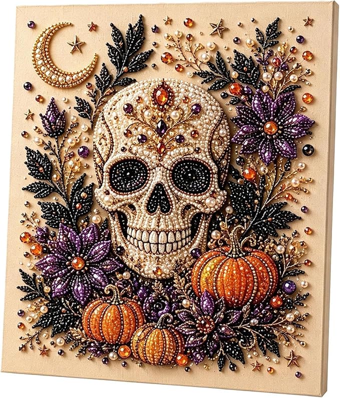 Halloween Diamond Art Kit for Adults, Spooky 5D DIY Diamond Painting, Pearl Acrylic Diamond Craft for Beginners, Seasonal Home Wall Decor, Halloween Party Gift (Skull-2) - skull painting