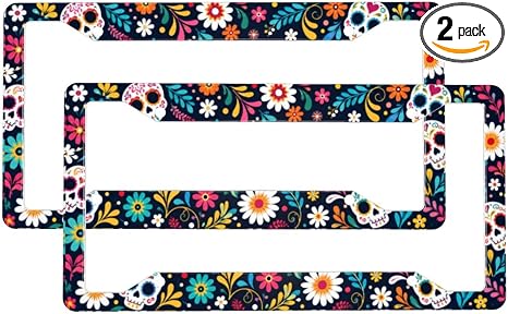 Sugar Skull Floral License Plate Frame, 2 Pack, Colorful - skull plate