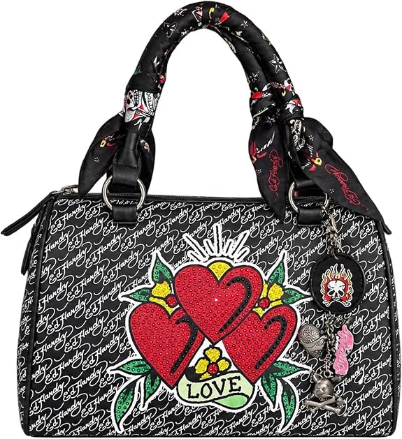 ED HARDY Triple Love Hearts Satchel Handbag, Black Signature Rose - sugar skull handbags for sale