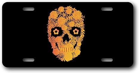 Floral Sugar Skull Front License Plate, Day of the Dead Marigold Calavera Vanity Car Tag, Black & Orange Gothic Novelty Aluminum Auto Plate for Women & Men, Standard 12 x 6 Inch - skull plate