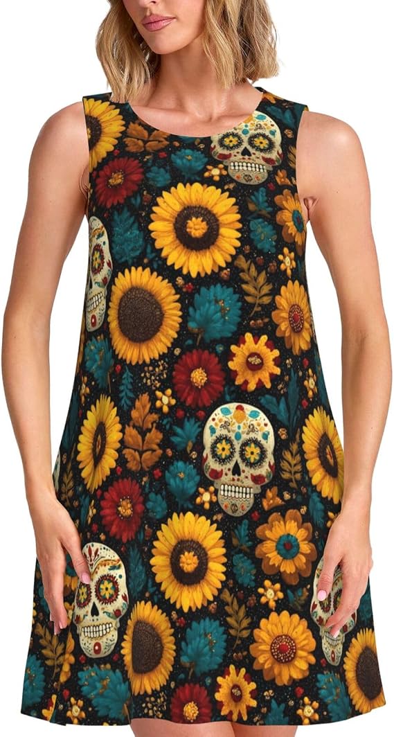 Women's A-Line Tank Dress with Pockets-Sugar Skull - skull leggings
