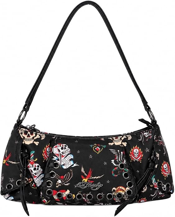 ED HARDY Women's Tattoo Lace-Up Shoulder Bag, Midnight Tattoo Black - sugar skull handbags for sale