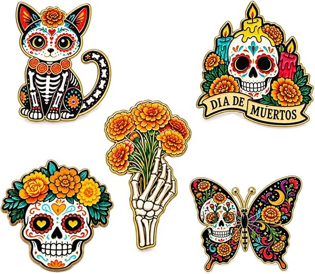 Mexican Enamel Pins 5-Piece Set Day of the Dead Sugar Skulls - sugar skull costume
