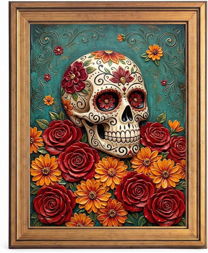Framed Canvas Wall Art Relief Sugar Skull Floral Roses and Marigolds Canvas Print Poster Gold Frame Wall Decor for Living Room Office Floral Skull, Mexican Folk Art Decor - Inch 12x16 - skull wall art