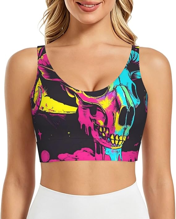 Womens Sports Bra Tank Top-Neon Gothic Skull Moon - skull swimsuit