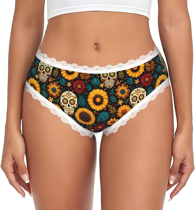 Womens Lace Trim Bikini Briefs Panties-Sugar Skull - skull leggings