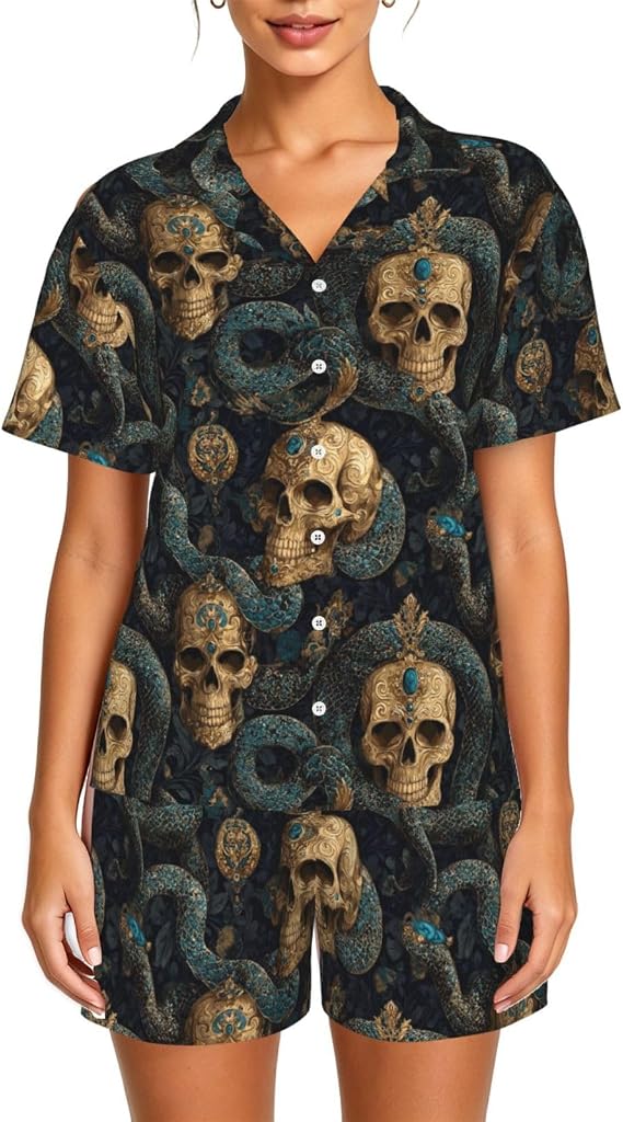 Pajamas Set Loungewear Short Button Sleeve Sleepwear-Skulls Snakes - skull pajamas
