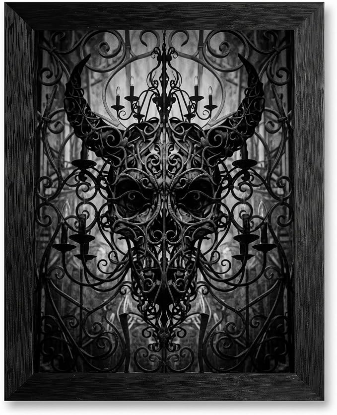 Framed Gothic Ironwork Canvas Wall Art, Monochrome, Black Frame Inch 8x10 - skull lamp