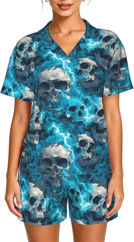 Pajamas Set Loungewear Short Button Sleeve Sleepwear-Skulls Lightning - skull pajamas