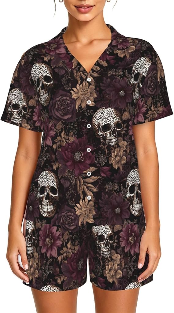 Pajamas Set Loungewear Short Button Sleeve Sleepwear-Skulls Leopard - skull pajamas