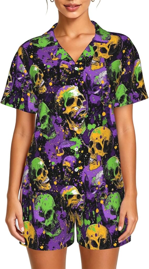 Pajamas Set Loungewear Short Button Sleeve Sleepwear-Skulls - skull pajamas