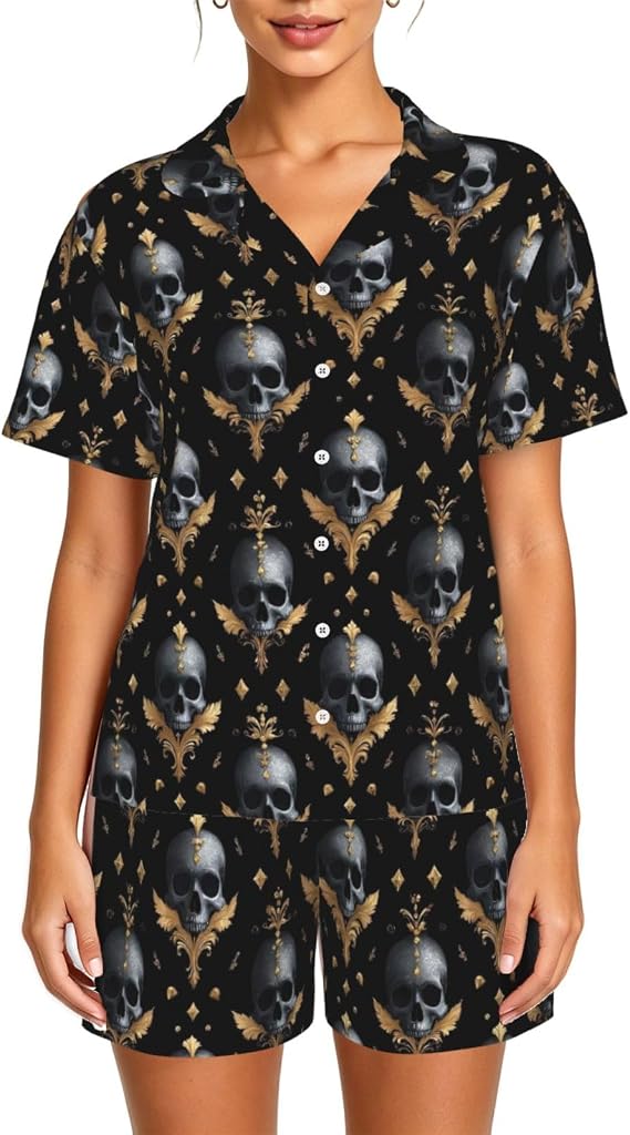 Pajamas Set Loungewear Short Button Sleeve Sleepwear-Skull - skull pajamas