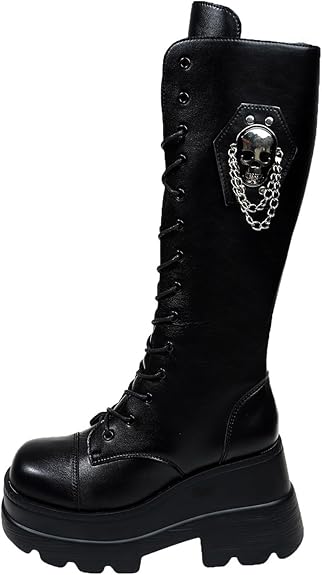 Women's Platform Knee High Boots Punk Lace Up Chunky Sole Gothic Booties - sugar skull boots