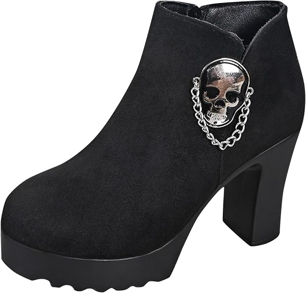 Women's Chunky Heel Ankle Boots Fleece Lined Platform Skull Chain Booties - sugar skull boots