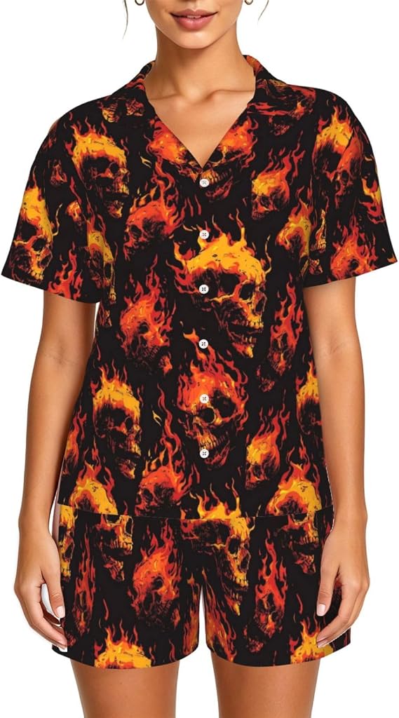 Pajamas Set Loungewear Short Button Sleeve Sleepwear-Skulls By Flames - skull pajamas