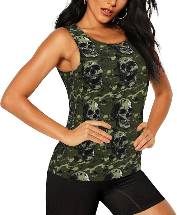 Women's Quick-Dry Workout Tank Top-Green Camouflage Skull (7) - skull tank tops