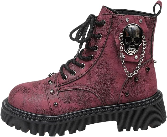 Women's Combat Boots Chunky Platform Lace Up, Skull Chain Studs - sugar skull boots