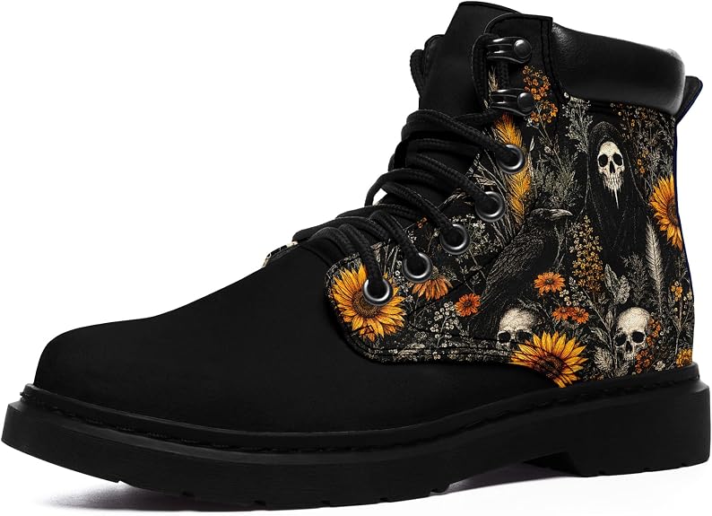 Gothic Combat Boots for Women, Skull Rose Witch Graphic Lace Up Ankle Boots - sugar skull boots