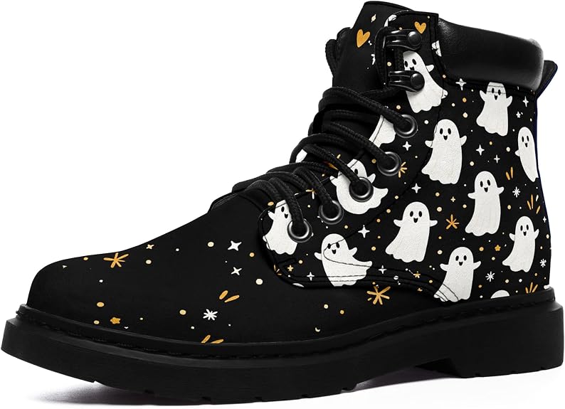 Gothic Combat Boots for Women, Skull Rose Witch Graphic Lace Up Ankle Boots - sugar skull boots