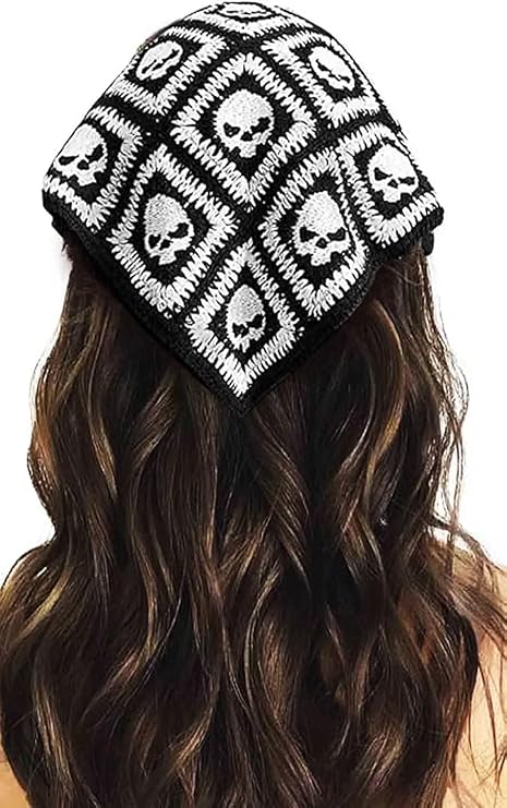 Black Skull Headbands Crochet Bandanas Hair Headscarf(FD176-BW) - skull headband