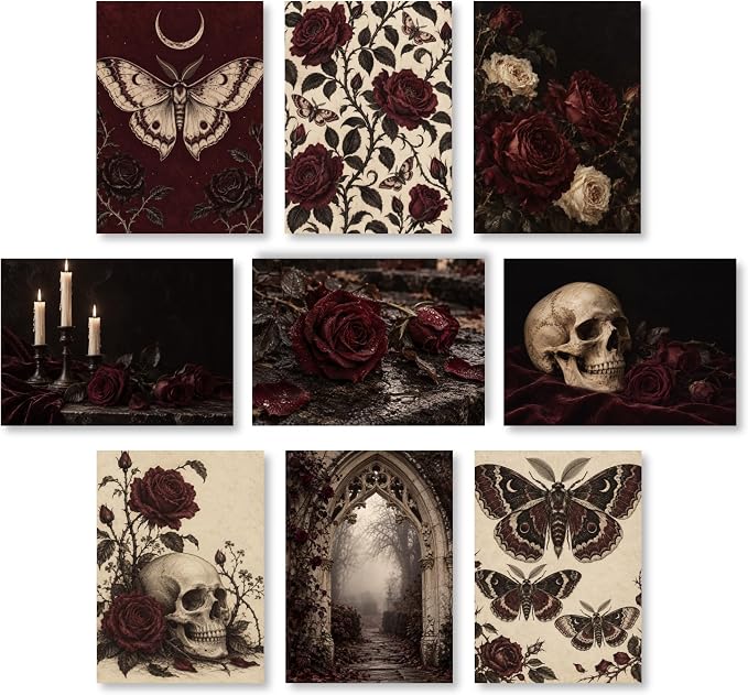 Gothic Wall Art Prints With Burgundy Roses For Dark Academia Decor 11×14