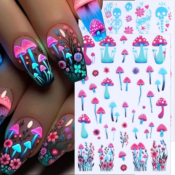 Halloween Glow in the Dark Nail Stickers Mushroom Skeleton Nail Decals 6PCS - skull sticker
