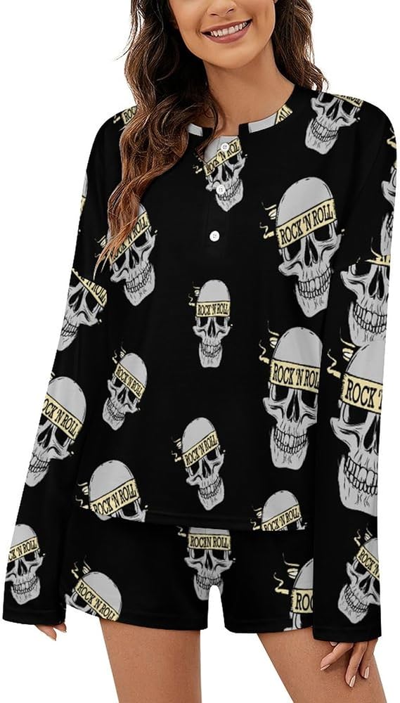 Rocks-n-roll Skull Pajamas for Women Set Sleepwear Nightshirt Loungewear Pjs Sets - skull pajamas