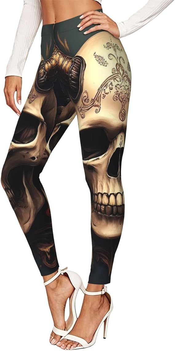 High Waisted Leggings For Women Cycling Yoga Pants-Metal Style Horned Skull - skull jacket
