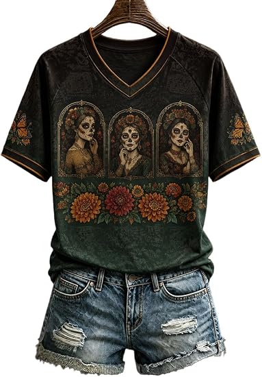 Women's Sugar Skull V-Neck T-Shirt, Floral Day of The Dead Graphic Tee 2 - skull tshirt