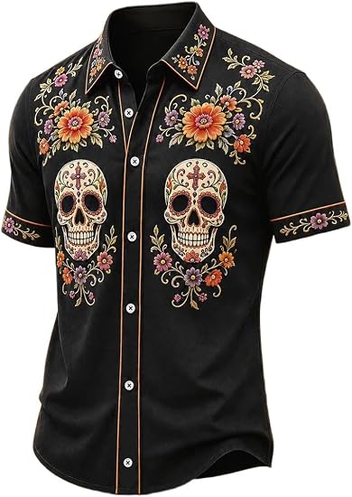 Men's Linen Sugar Skull Button Down Shirt, Day of The Dead Collared Shirt 2 - skull tshirt
