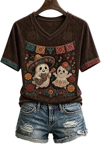 Women's Sugar Skull V-Neck T-Shirt, Floral Day of The Dead Graphic Tee 2 - skull tshirt