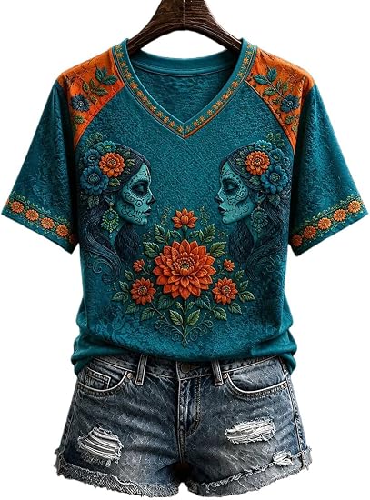 Women's Sugar Skull V-Neck T-Shirt, Floral Day of The Dead Graphic Tee 1 - skull tshirt