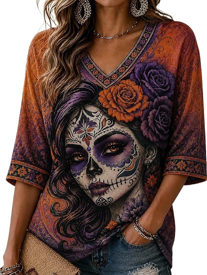 Women's Sugar Skull V-Neck Shirt, Day of The Dead Elbow Sleeve Blouse 2 - skull tshirt