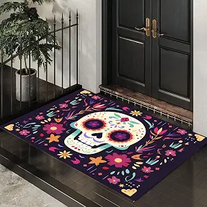 Mexican Day of The Dead Door Mats Outdoor Entrance,Sugar Skull Marigold Doormat 2'7" x 4' All-Season Low-Profile Front Mat for Indoor Floor Home Entryway,Rose Red - skull floor mat