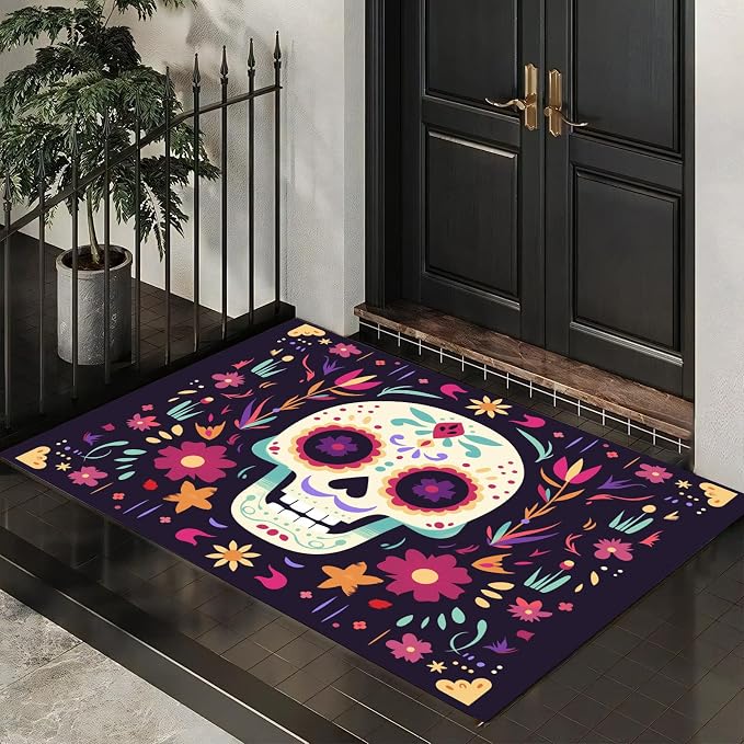 Mexican Day of The Dead Indoor Door Mat,3' x 5',Rose Red Floor Area Rug for Entryway, Living Room, or Bathroom, Non-Slip Doormat,Sugar Skull Marigold Home Decor Rug Gifts - skull toilet mat