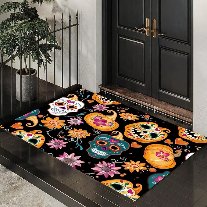 Mexican Day of The Dead Door Mats Outdoor Entrance,Skeleton Pumpkin Flowers Doormat 1'6" x 2'6" All-Season Low-Profile Front Mat for Indoor Floor Home Entryway,Yellow - skull floor mat