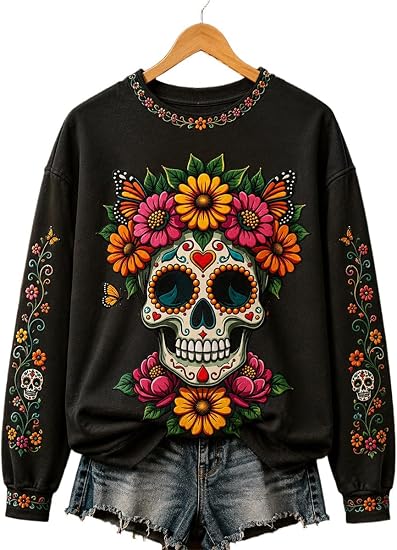 Sugar Skull Sweatshirt for Men Women, Day Of The Dead Crewneck Pullover 2 - skull sweatshirts