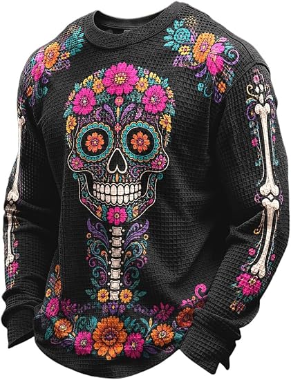 Men's Sugar Skull Waffle Sweatshirt, Day Of The Dead Crewneck Pullover - skull sweatshirts