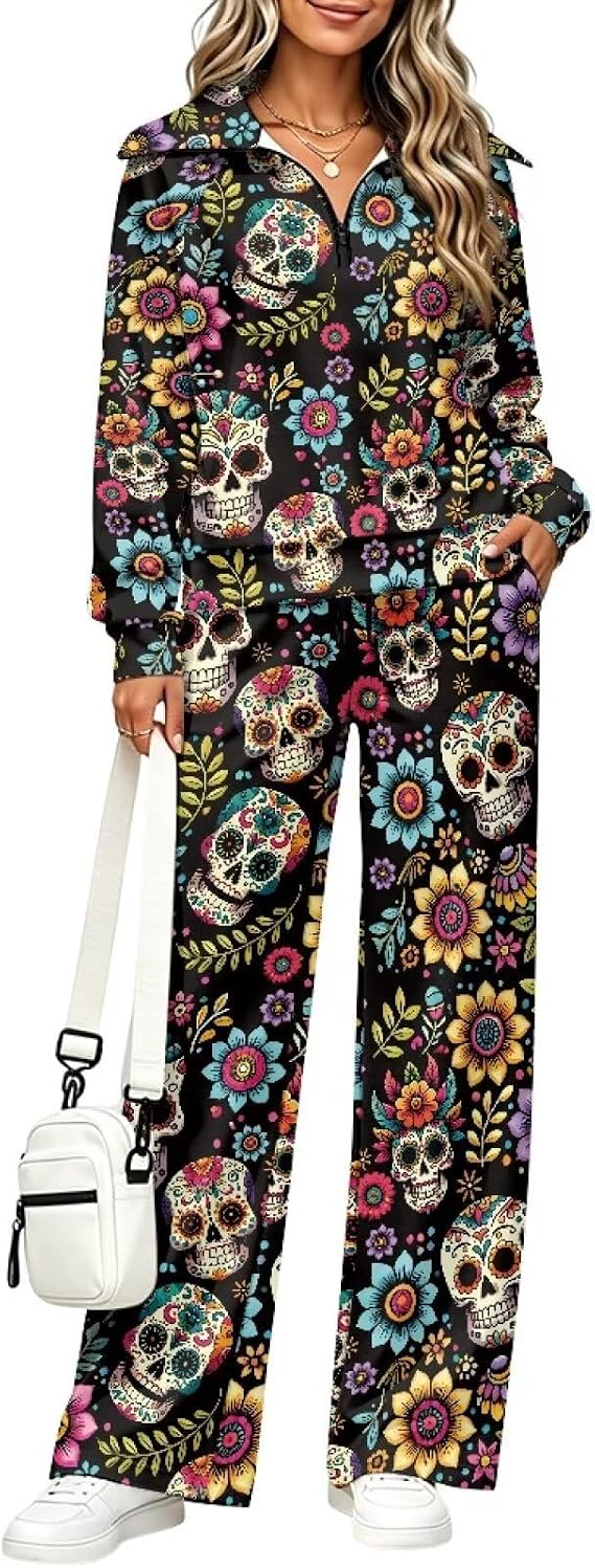 2 Piece Set for Women 1/4 Zip Lounge Matching Sweatsuit 2026 - skull sweatshirts