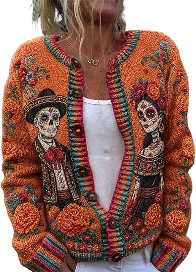 Women's Sugar Skull Knitted Cardigan, Floral Day of The Dead Button Sweater - sugar skull boots