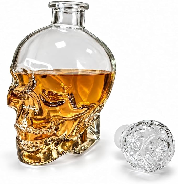 Glass Skull Decanter with Decorative Glass Stopper, Clear Skull-Shaped Bottle, Sculpted Glass Display Decanter, 8.75 Inches Tall, 25 Fl Oz