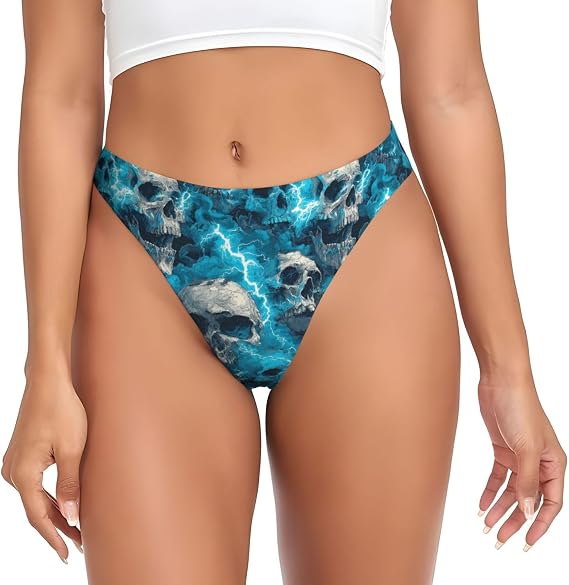 Women'S Low Rise Stretch Thong Underwear-Skulls Lightning - skull swimsuit