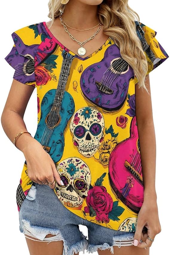 Colorful Guitars Sugar Skull T Shirts for Women Cute Summer Tops 5X-Large - skull tshirt