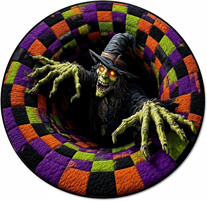 Candy Corn Abyss Quilted Round Mat, Halloween Optical Illusion Rug