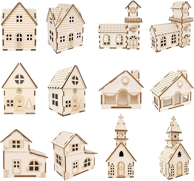 12 Pcs Wooden Christmas Village Houses to Paint DIY Village Town House Set - skull painting