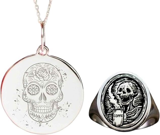 JEWELZ Silver Plated Brass Sugar Skull Pendant Necklace & Signet Ring |LK_PCOM_0492 - skull plate
