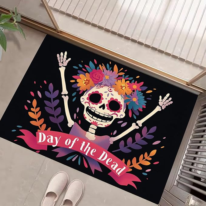 Rose Red Washable Entry Rug – Front Door Throw Rugs Indoor, Non-Slip Bathroom Small Rugs, Skeleton Corolla Thin Rug for Kitchen, Mexican Day of The Dead Entryway Décor (1’4″ x 2′)